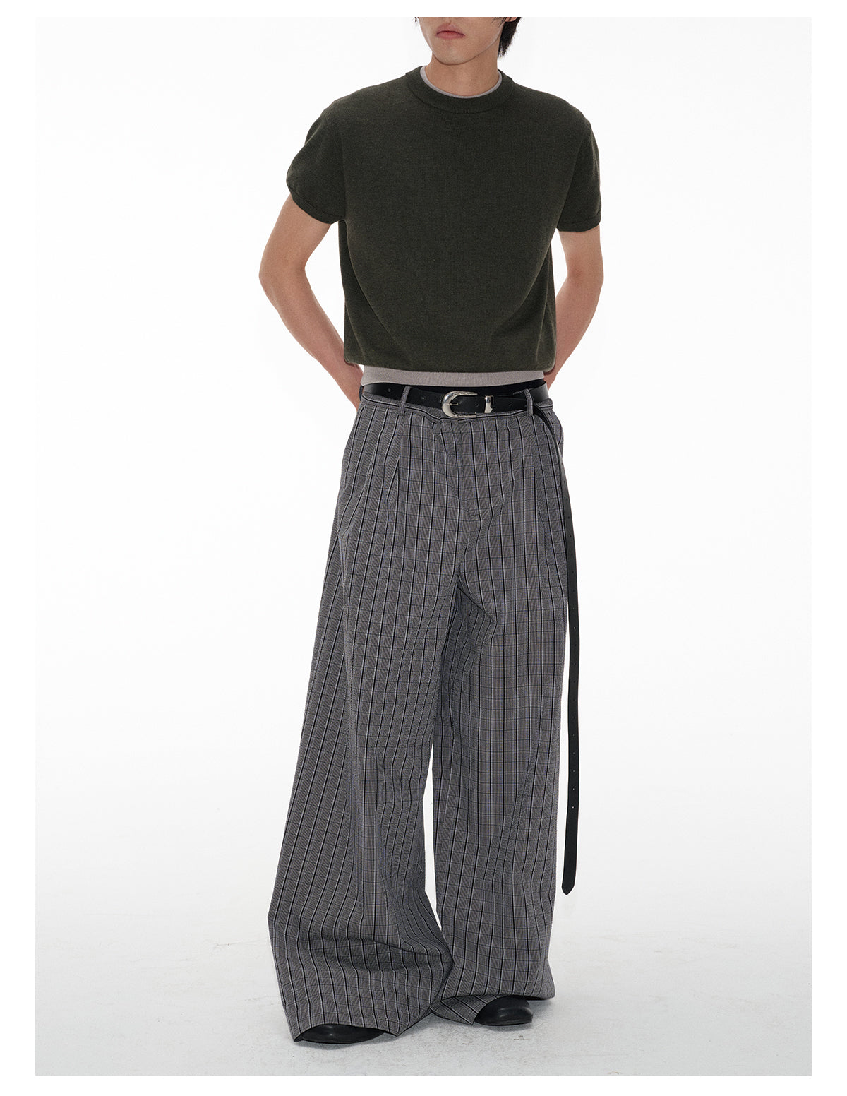 Plaid Pleated Waistband Straight Wide-leg Pants [ID:0496PA]