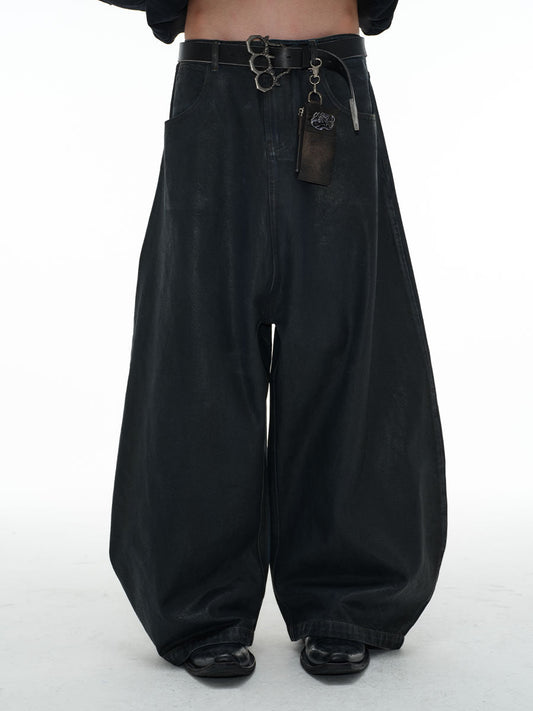 Low Crotch Coated Washed Wax Overlay Denim Pants [ID:0499PA]