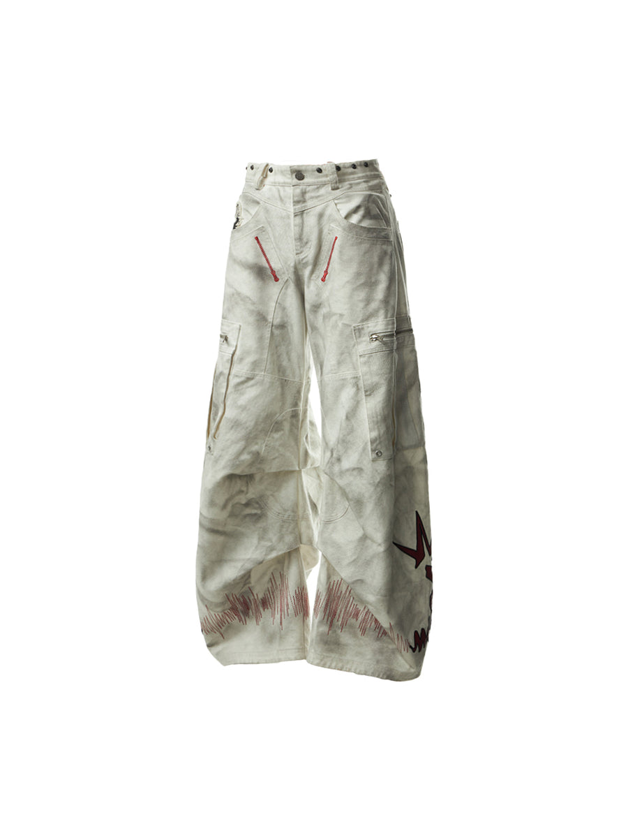 Detachable Strap Washed Embroidered Punk Cargo Denim Pants [ID:0503PA]