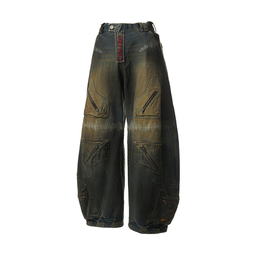 Oxidized Distressed Embroidered Sewn Multi-Pocket Denim Pants [ID:0506PA]