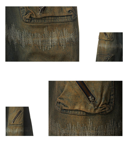 Oxidized Distressed Embroidered Sewn Multi-Pocket Denim Pants [ID:0506PA]