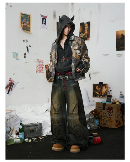 Oxidized Distressed Embroidered Sewn Multi-Pocket Denim Pants [ID:0506PA]