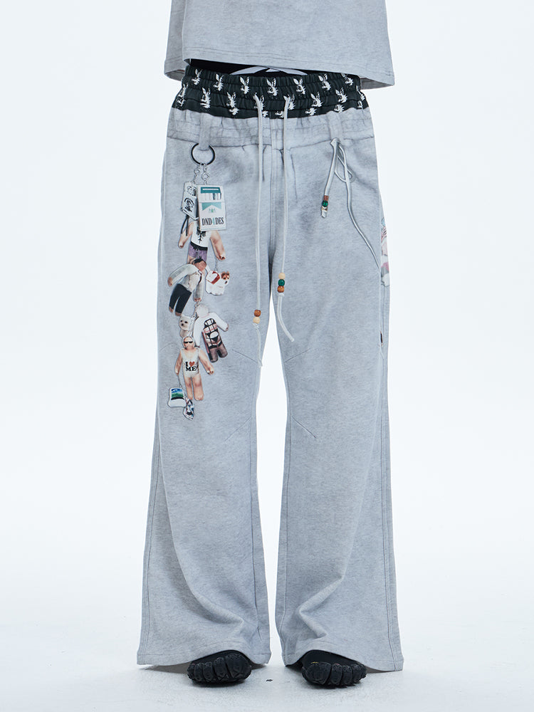 Original Vintage Double Waistband Digital Print Flared Sweat Pants [ID:0507PA]