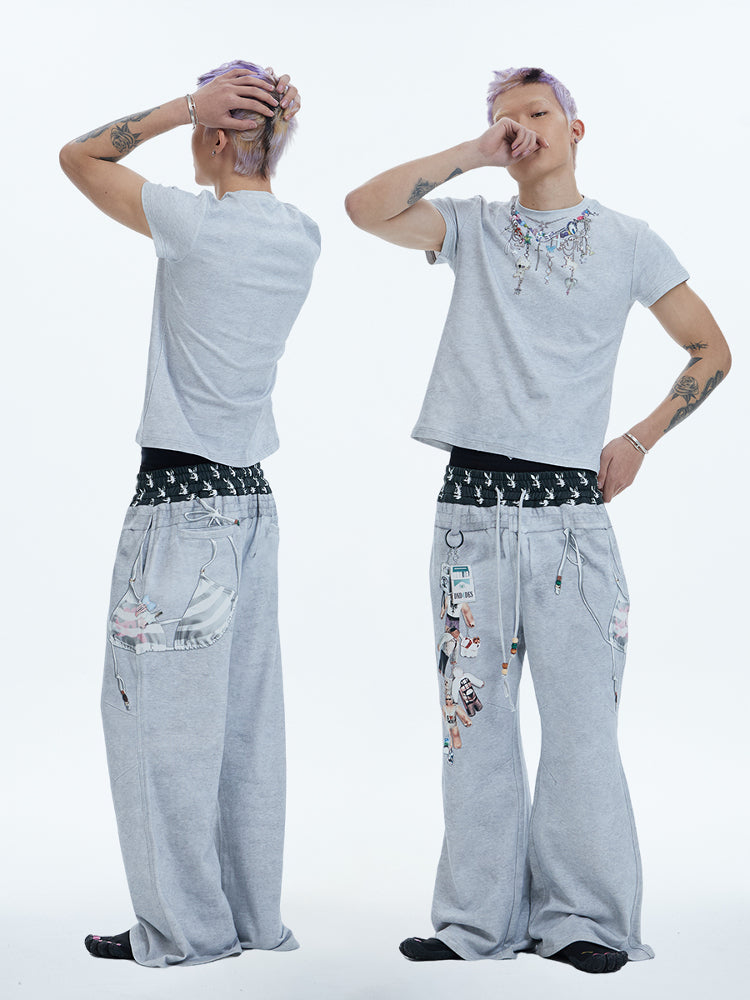 Original Vintage Double Waistband Digital Print Flared Sweat Pants [ID:0507PA]