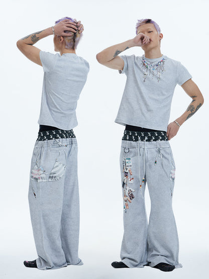 Original Vintage Double Waistband Digital Print Flared Sweat Pants [ID:0507PA]