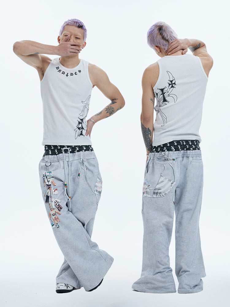 Original Vintage Double Waistband Digital Print Flared Sweat Pants [ID:0507PA]