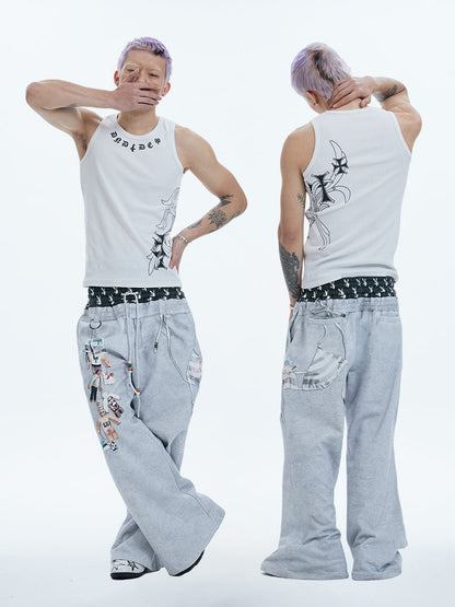 Original Vintage Double Waistband Digital Print Flared Sweat Pants [ID:0507PA]