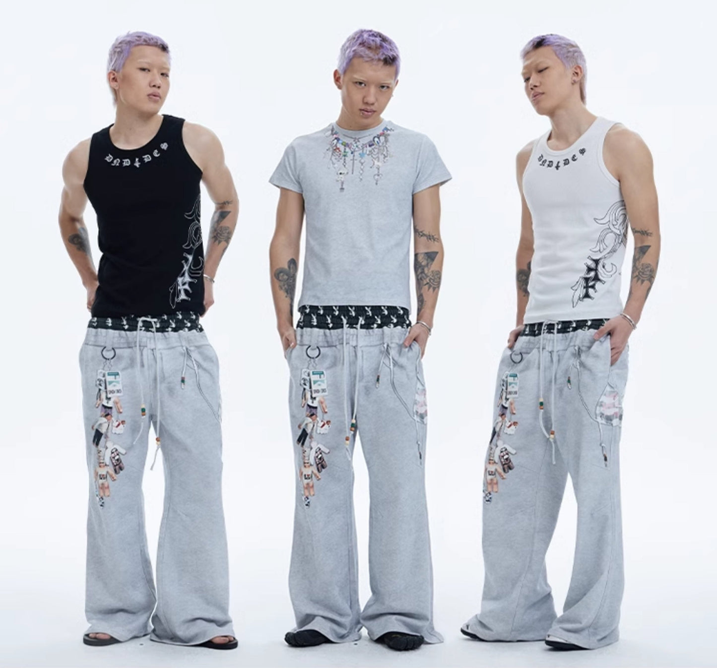 Original Vintage Double Waistband Digital Print Flared Sweat Pants [ID:0507PA]