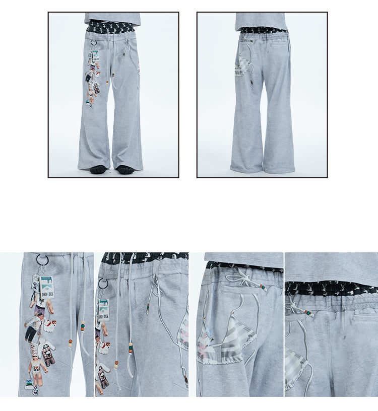 Original Vintage Double Waistband Digital Print Flared Sweat Pants [ID:0507PA]