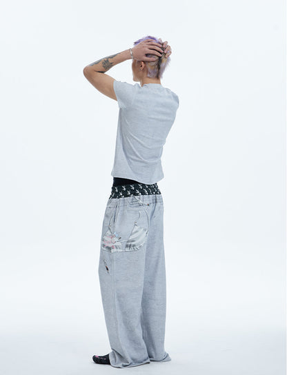 Original Vintage Double Waistband Digital Print Flared Sweat Pants [ID:0507PA]