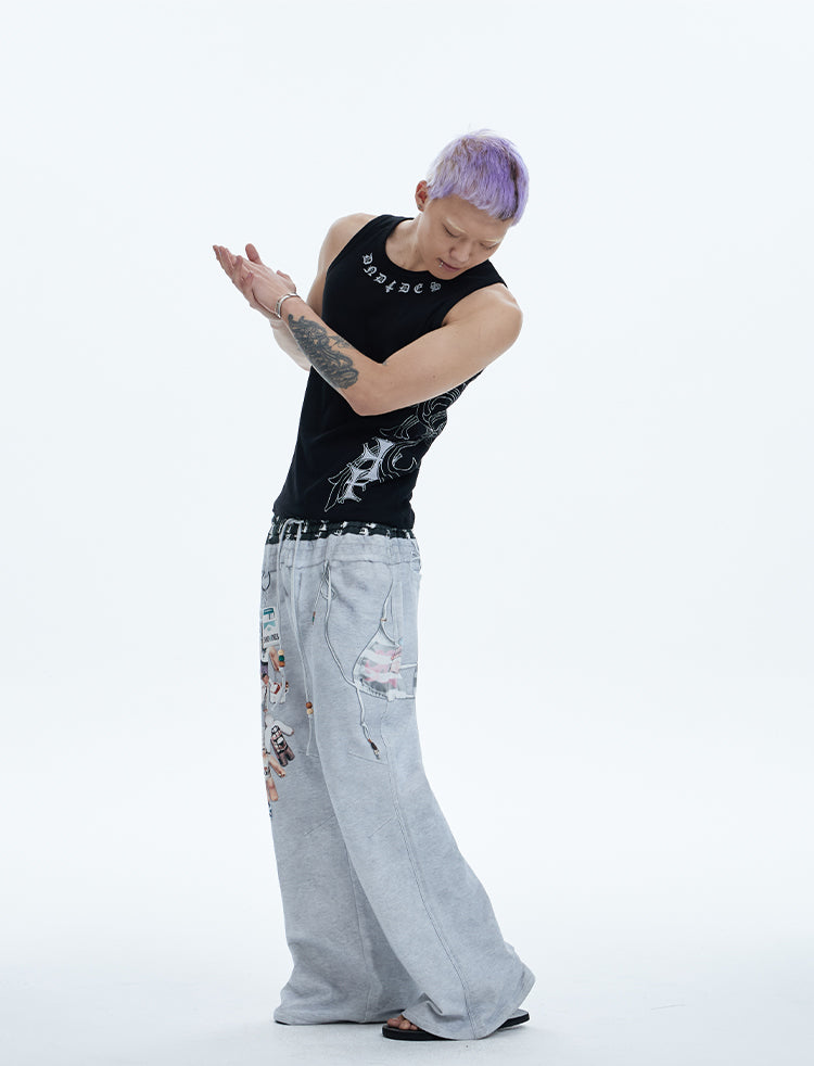 Original Vintage Double Waistband Digital Print Flared Sweat Pants [ID:0507PA]
