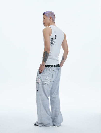 Original Vintage Double Waistband Digital Print Flared Sweat Pants [ID:0507PA]
