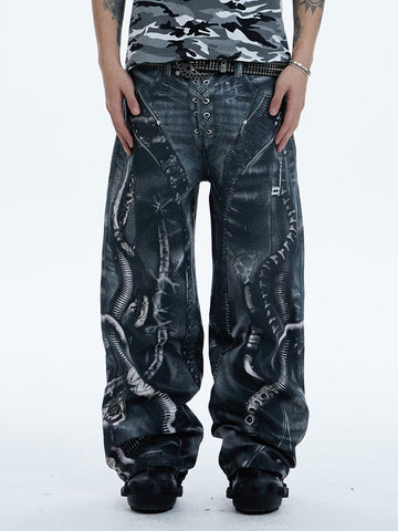 Venom Design Digital Print Baggy Waxed Denim Pants [ID:0508PA]