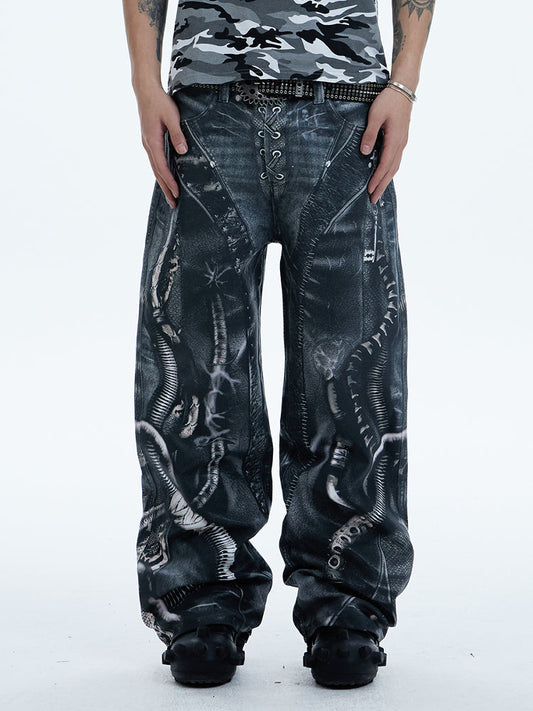 Venom Design Digital Print Baggy Waxed Denim Pants [ID:0508PA]