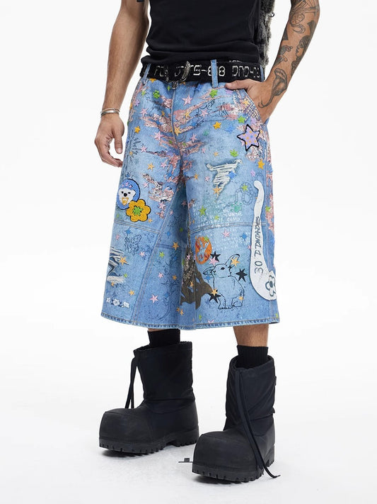 Digital Print Cartoon Graphic Urban Streetwear Denim Shorts [ID:0509PA]