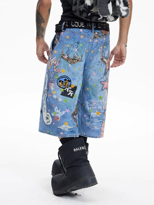 Digital Print Cartoon Graphic Urban Streetwear Denim Shorts [ID:0509PA]