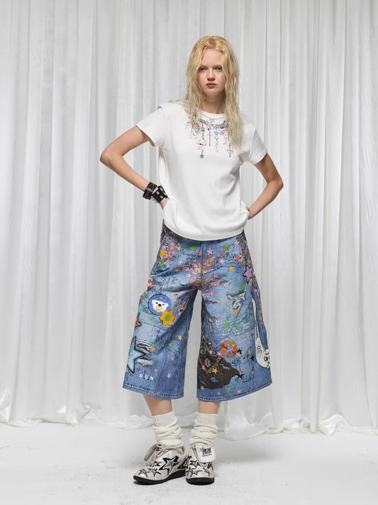 Digital Print Cartoon Graphic Urban Streetwear Denim Shorts [ID:0509PA]