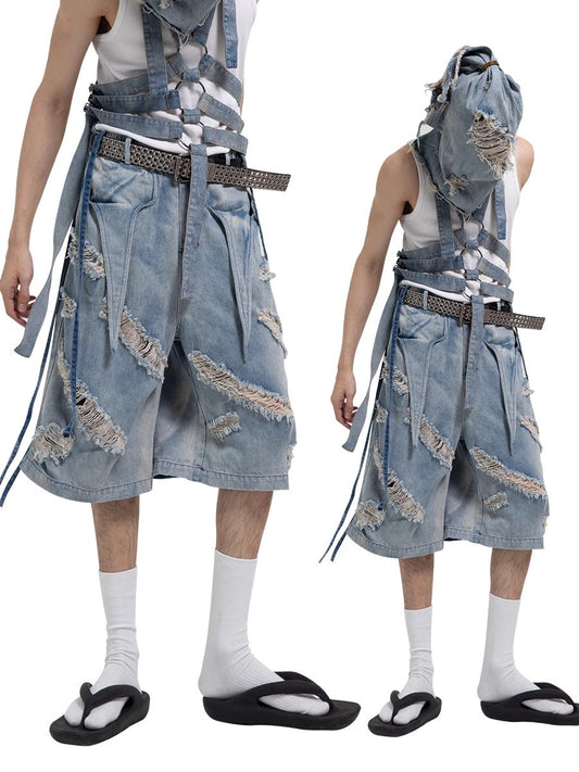 Washed Distressed Denim Tassel Strap Loose Fit Shorts [ID:0510PA]