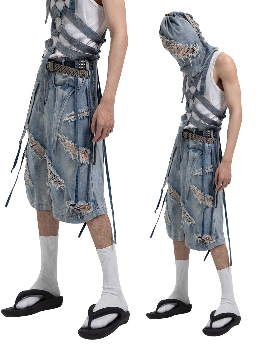 Washed Distressed Denim Tassel Strap Loose Fit Shorts [ID:0510PA]
