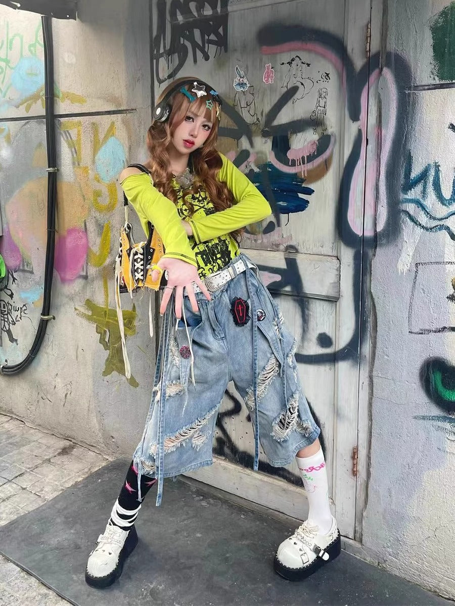 Washed Distressed Denim Tassel Strap Loose Fit Shorts [ID:0510PA]