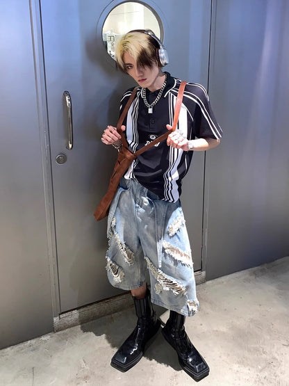 Washed Distressed Denim Tassel Strap Loose Fit Shorts [ID:0510PA]