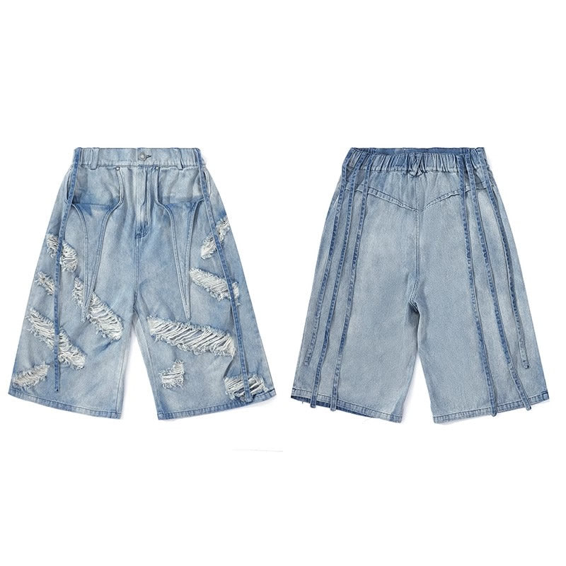 Washed Distressed Denim Tassel Strap Loose Fit Shorts [ID:0510PA]