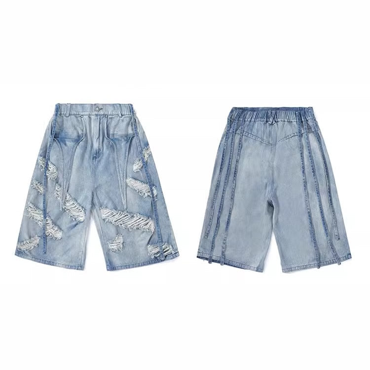 Washed Distressed Denim Tassel Strap Loose Fit Shorts [ID:0510PA]