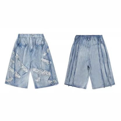 Washed Distressed Denim Tassel Strap Loose Fit Shorts [ID:0510PA]