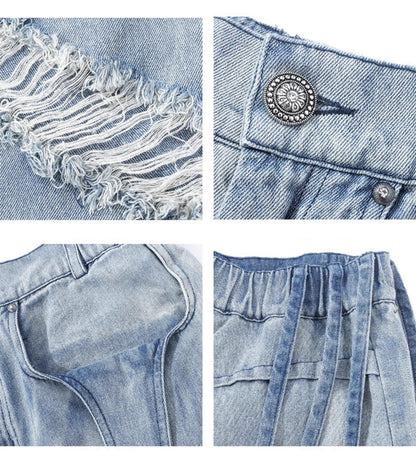 Washed Distressed Denim Tassel Strap Loose Fit Shorts [ID:0510PA]