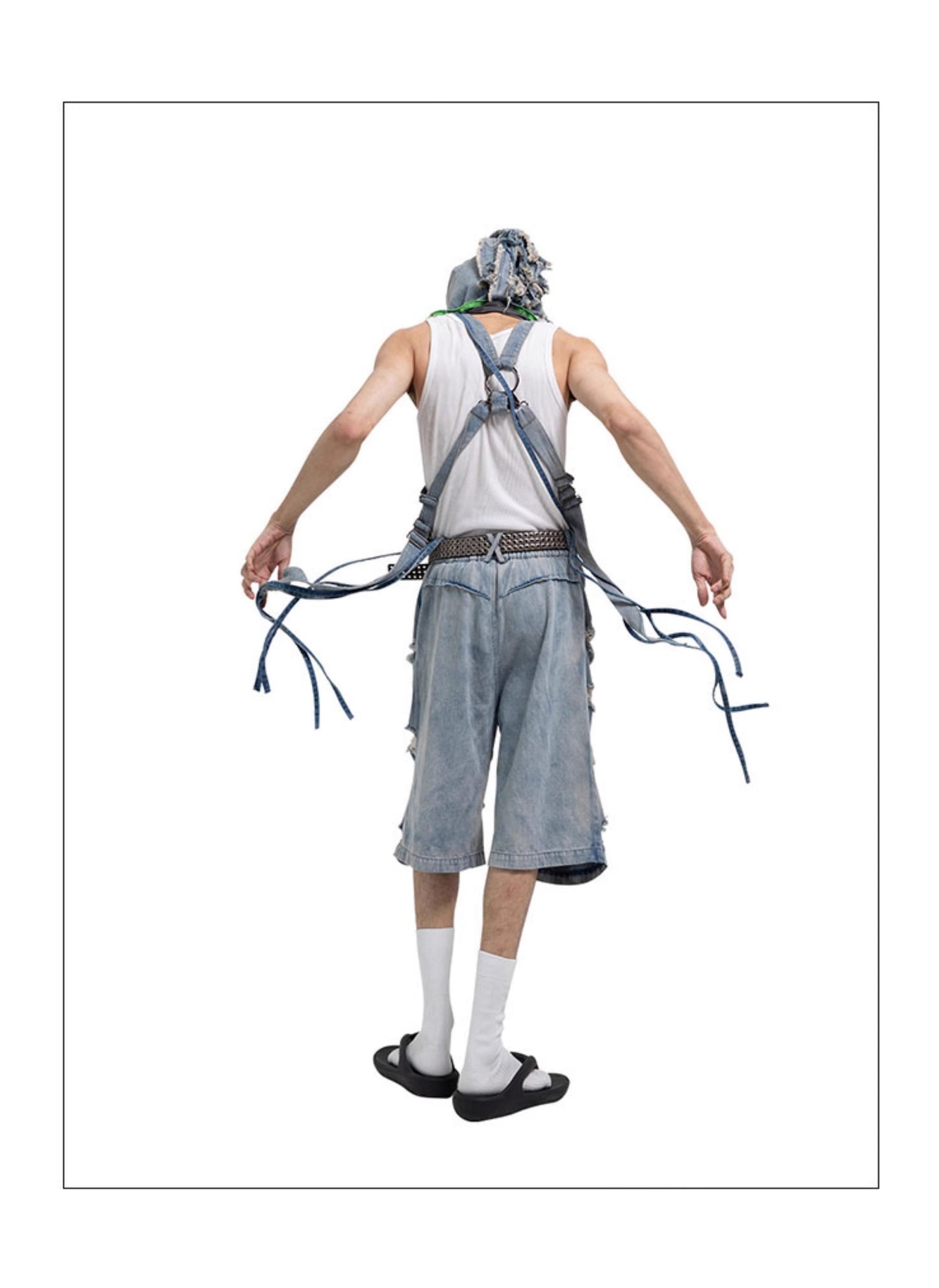 Washed Distressed Denim Tassel Strap Loose Fit Shorts [ID:0510PA]
