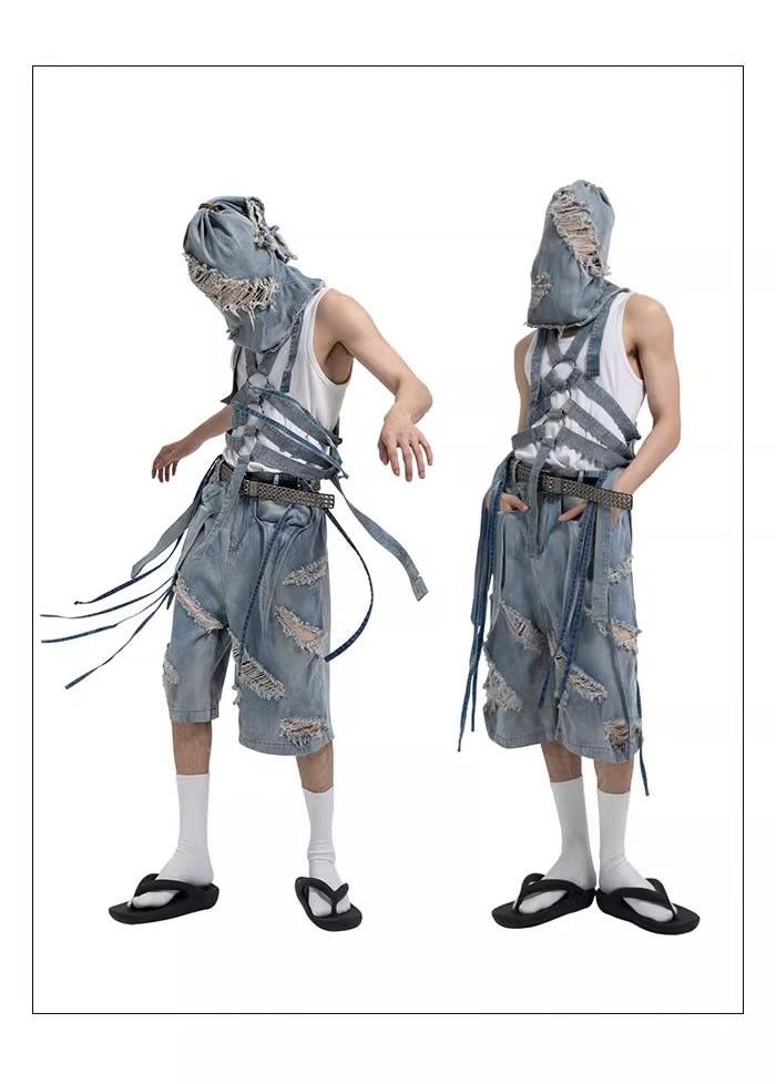 Washed Distressed Denim Tassel Strap Loose Fit Shorts [ID:0510PA]