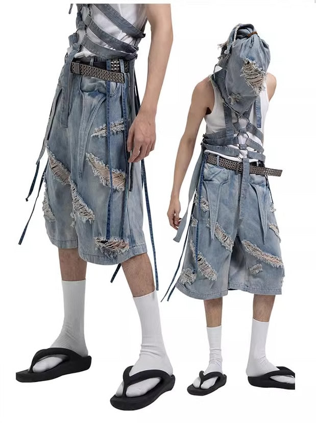 Washed Distressed Denim Tassel Strap Loose Fit Shorts [ID:0510PA]