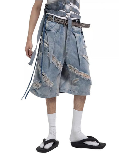Washed Distressed Denim Tassel Strap Loose Fit Shorts [ID:0510PA]