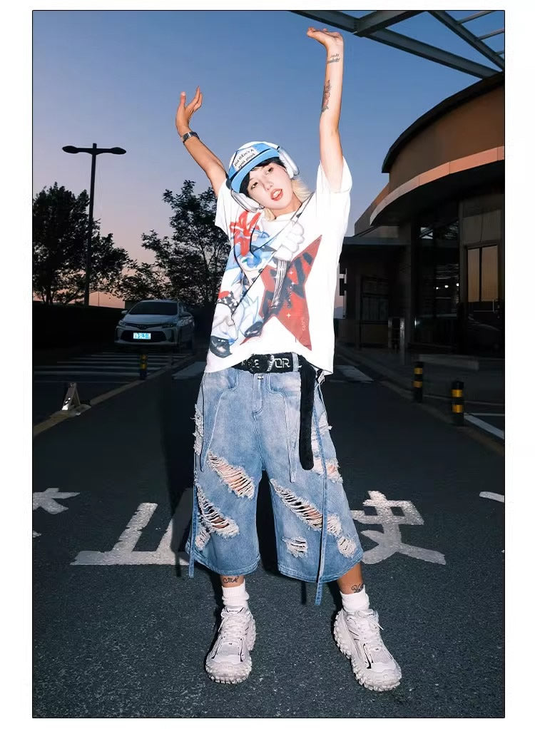 Washed Distressed Denim Tassel Strap Loose Fit Shorts [ID:0510PA]