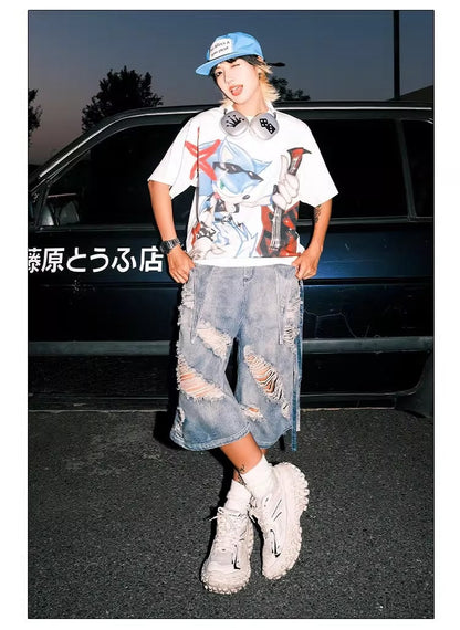 Washed Distressed Denim Tassel Strap Loose Fit Shorts [ID:0510PA]