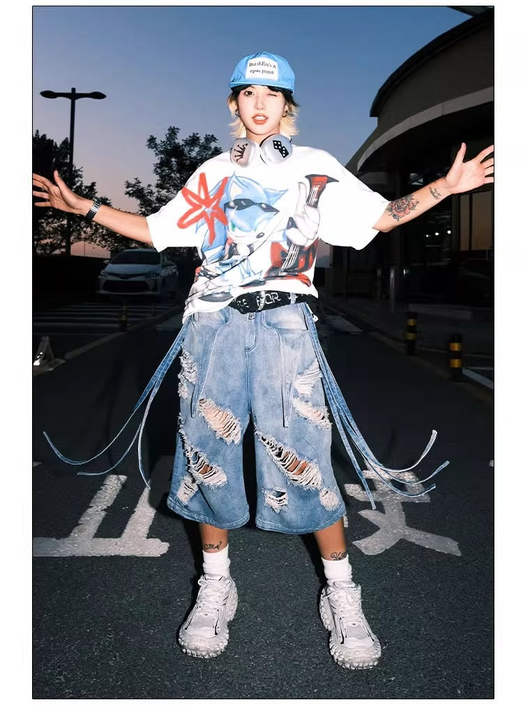 Washed Distressed Denim Tassel Strap Loose Fit Shorts [ID:0510PA]