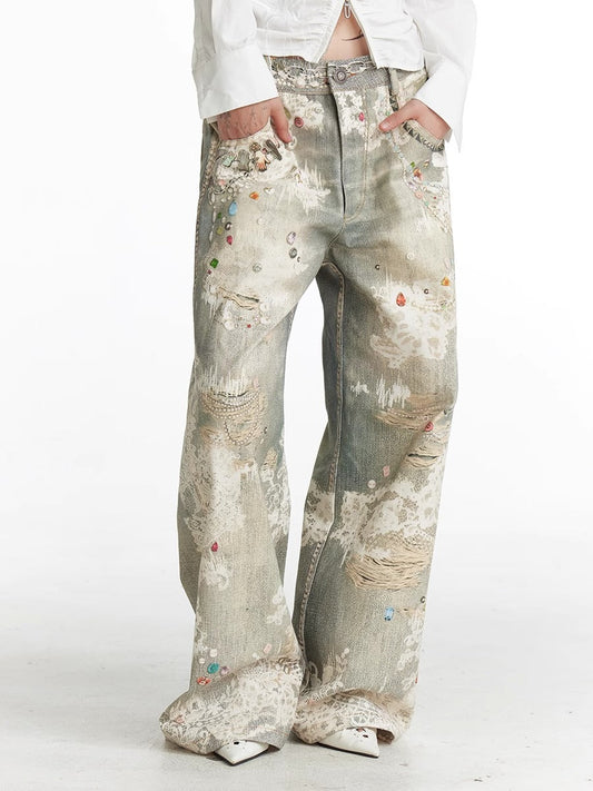 Digital Print Vintage Lace Patterned Straight Flared Denim Pants [ID:0512PA]