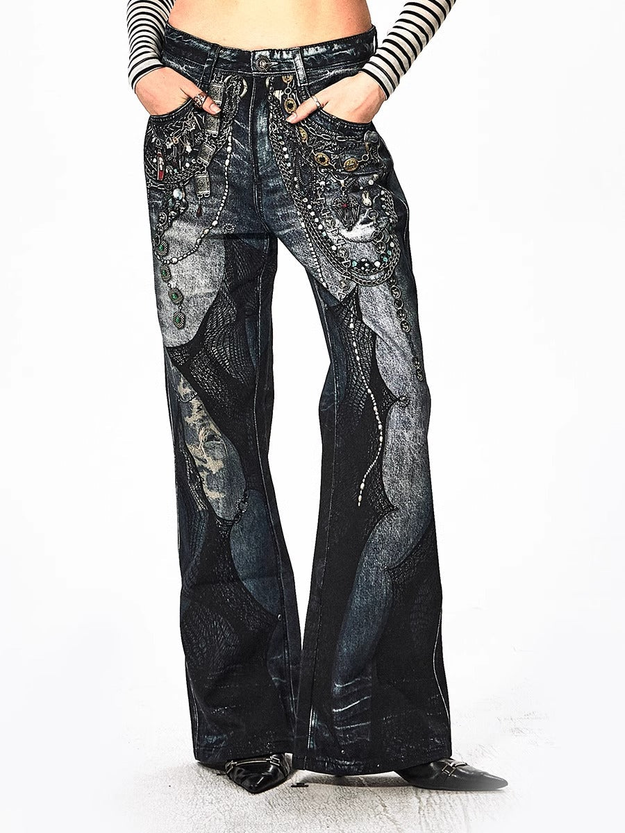 DND4DES Y2K Cartoon Chain Wide Digital Print Jeans バギーパンツ