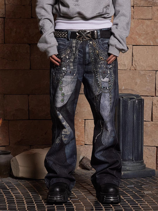 Allover Digital Print Chain Lace Patchwork Flared Straight Pants [ID:0513PA]