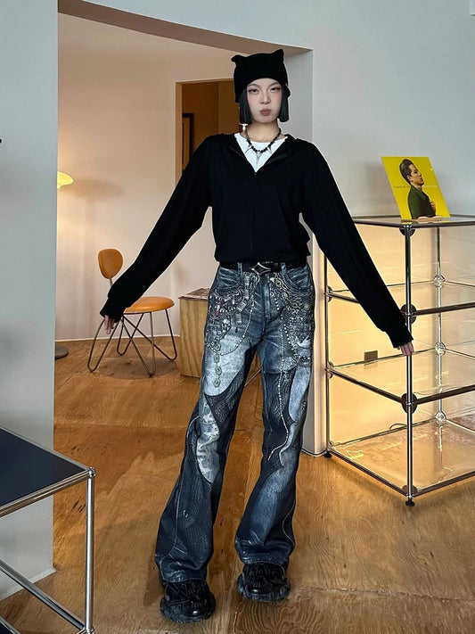 Allover Digital Print Chain Lace Patchwork Flared Straight Pants [ID:0513PA]