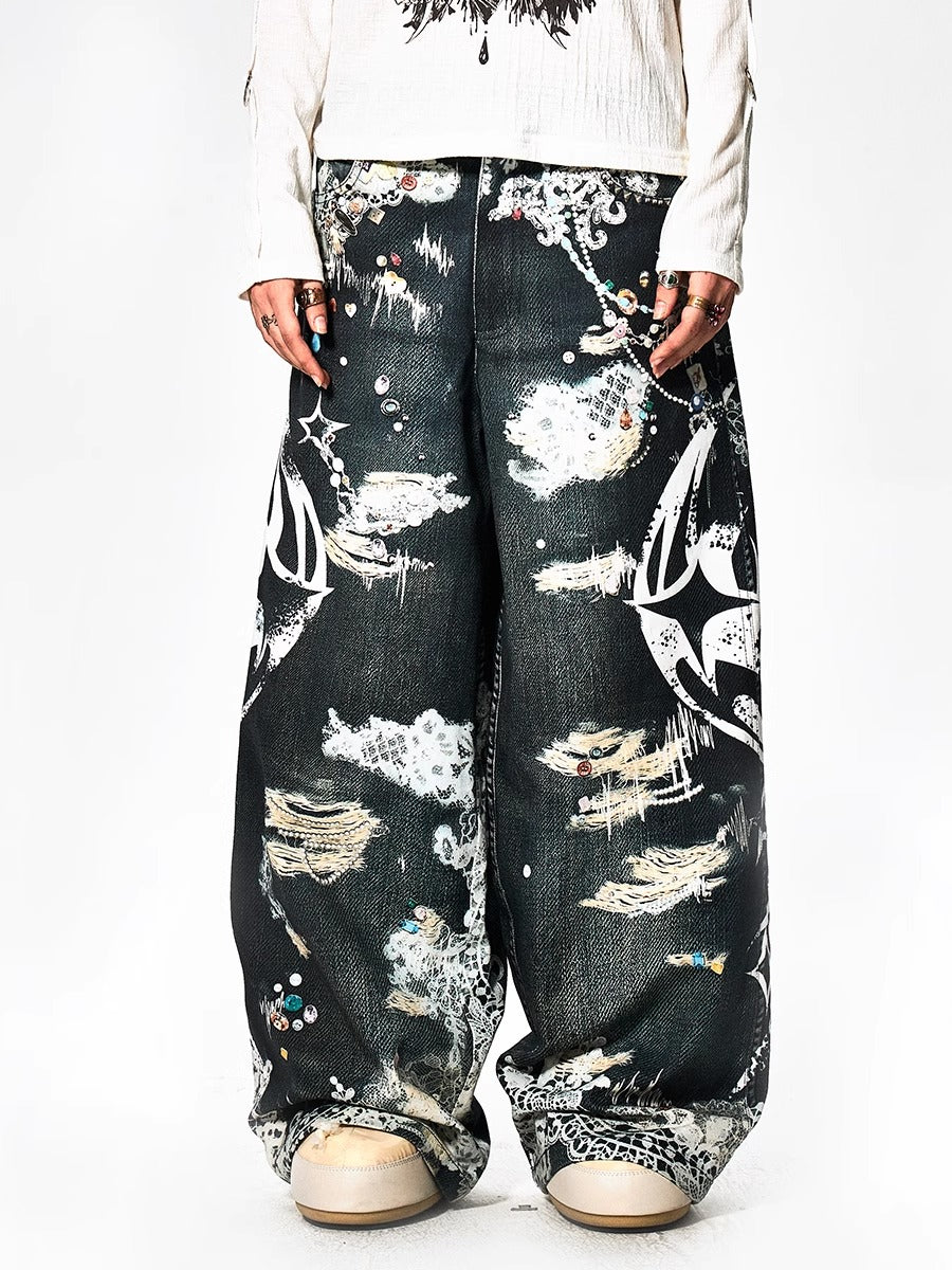 DND4DES Y2K Cartoon Chain Wide Digital Print Jeans バギーパンツ