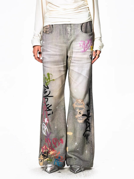 Washed Graffiti Print Relaxed Straight Denim Pants [ID:0515PA]