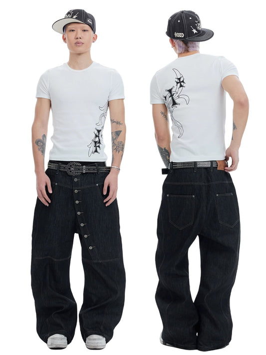 American Vintage Curved Button Denim Raw Edge Flared Pants [ID:0516PA]