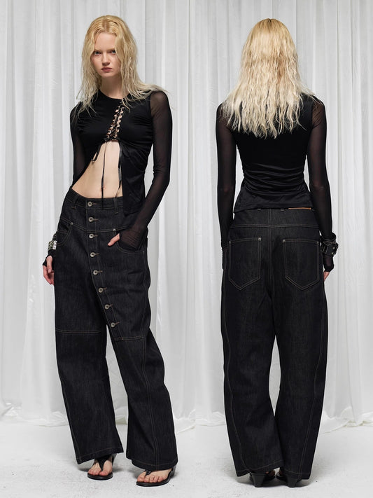 American Vintage Curved Button Denim Raw Edge Flared Pants [ID:0516PA]