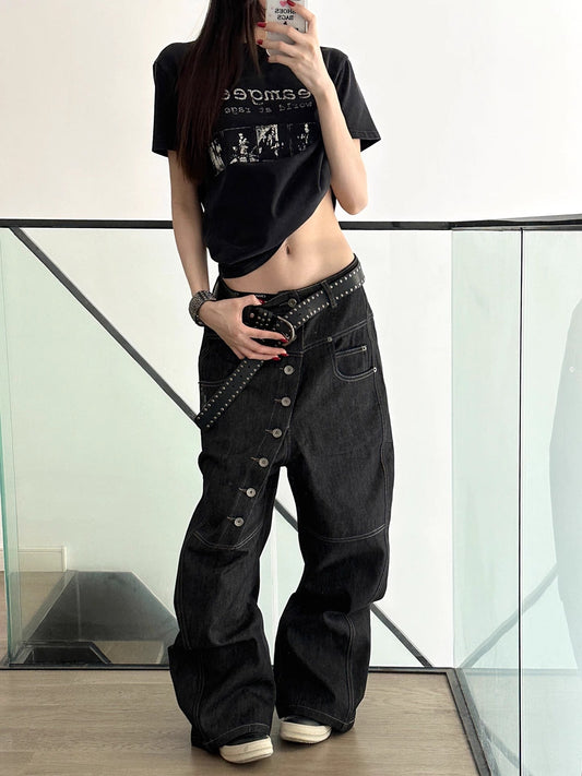 American Vintage Curved Button Denim Raw Edge Flared Pants [ID:0516PA]