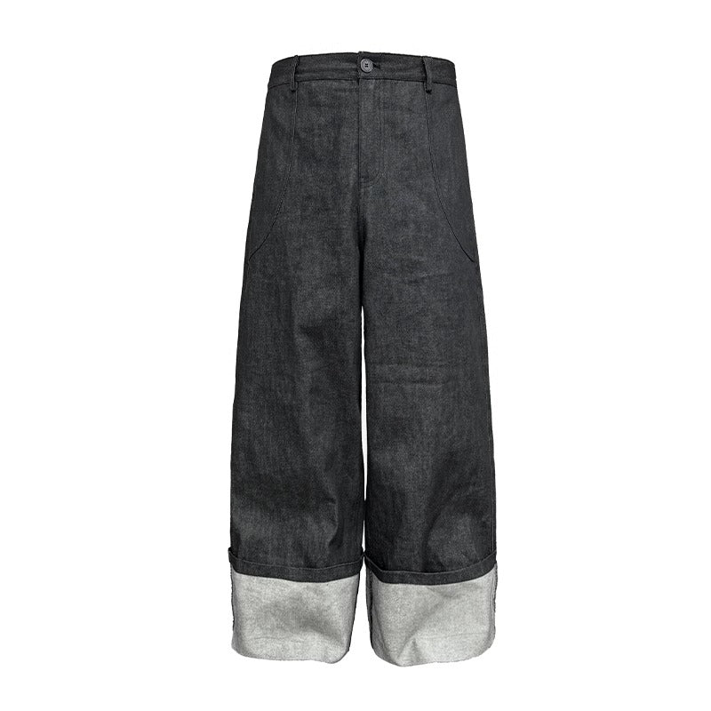 Raw Cuff Original Denim Wide Arc Washed Solid Pants [ID:0520PA]