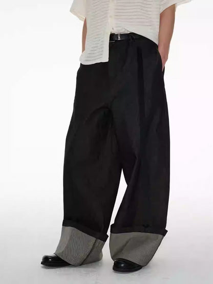 Raw Cuff Original Denim Wide Arc Washed Solid Pants [ID:0520PA]