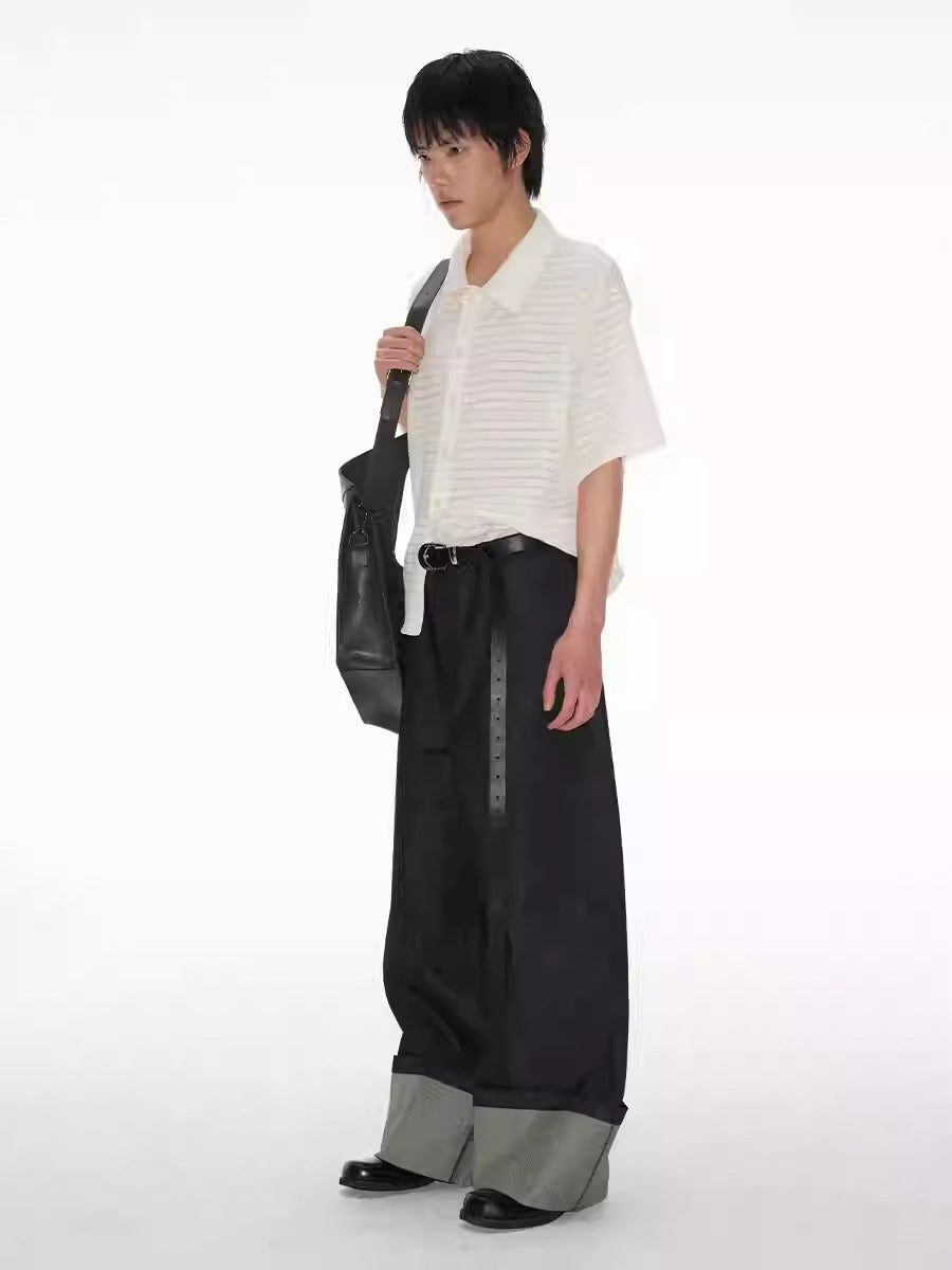 Raw Cuff Original Denim Wide Arc Washed Solid Pants [ID:0520PA]