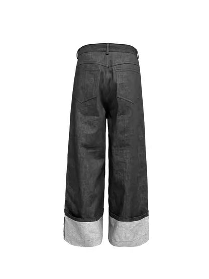 Raw Cuff Original Denim Wide Arc Washed Solid Pants [ID:0520PA]
