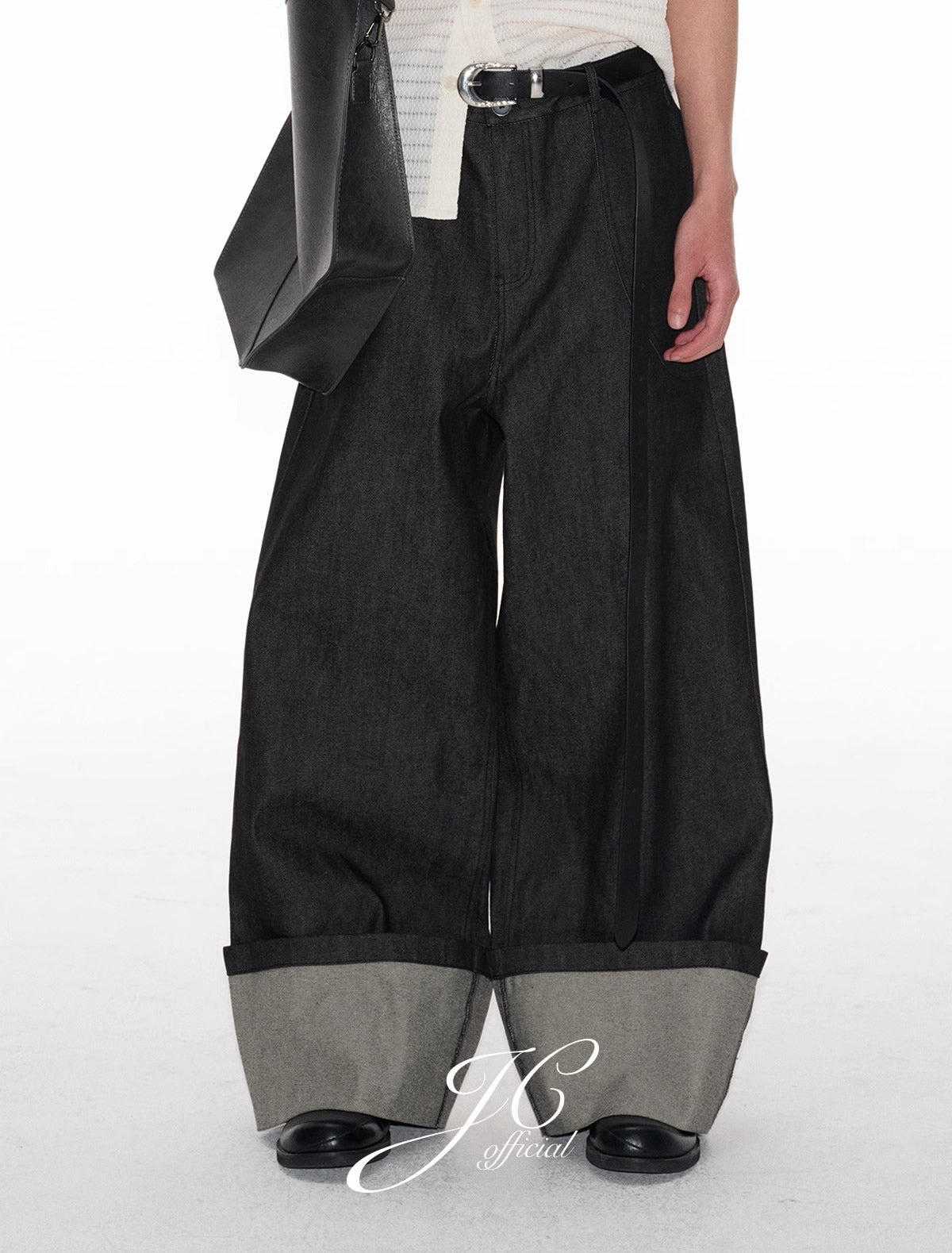 Raw Cuff Original Denim Wide Arc Washed Solid Pants [ID:0520PA]
